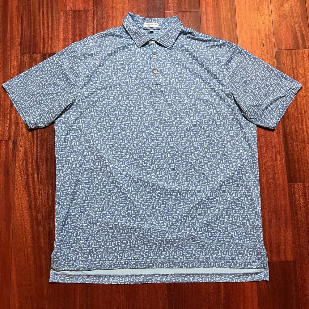 Peter Millar Summer Comfort Polo Shirt Mens XL Blue Drinks Cocktails Golf AOP